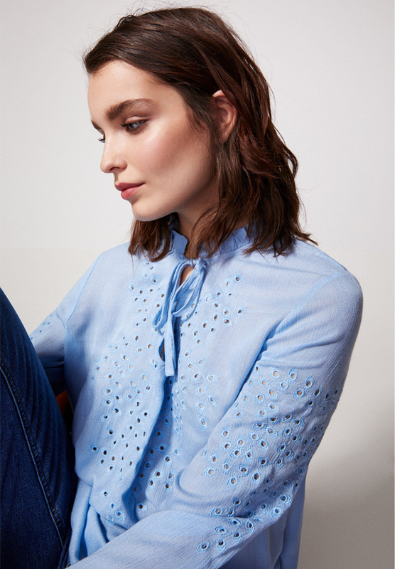 Springfield Plain Long Sleeve Round Neck Blouse for Women, 40 EU, Medium Blue