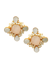 Dori 18K Gold Plated Stud Earrings for Women, with Raw Rose Quartz, Pearl and Mother of Pearl Stones, Gold