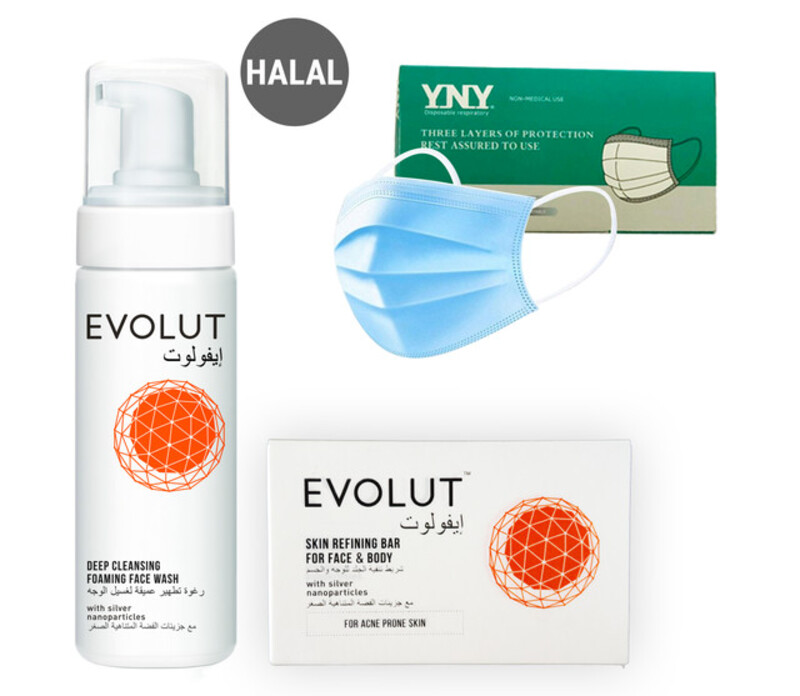 Evolut - Acne Solution, 2 pieces Kit (Soap, Foam)+ (FREE) 50 PIECES DISPOSABLE 3 PLY FACE MASK