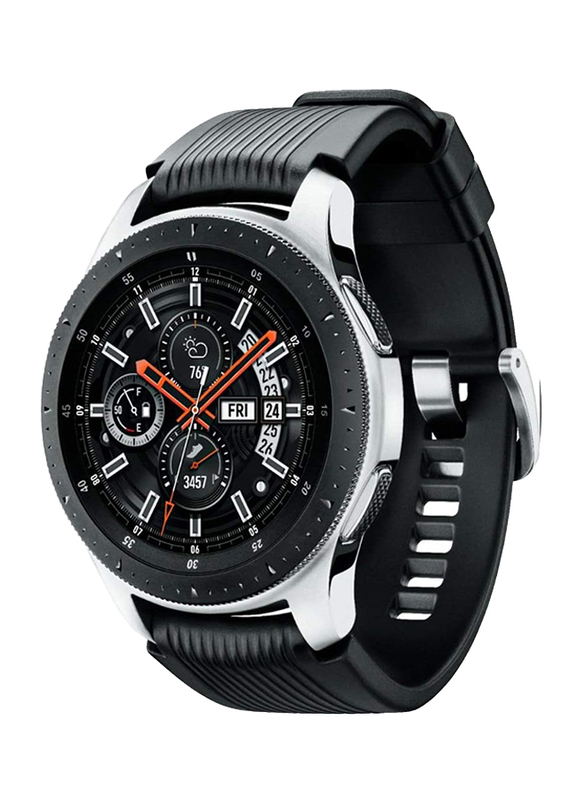 Samsung Galaxy R800 46mm Smartwatch, GPS, Silver Stainless Steel Case with Black Band