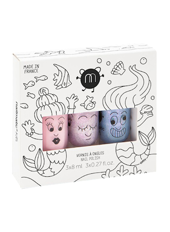 Nailmatic Kids 3-Piece Mermaid Water Based Nail Polish Set, 3 x 8 ml, Bella/Elliot/Merlin, Multicolor
