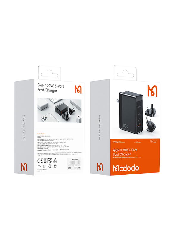 

Mcdodo 100W Gan Convertible Travel Adapter Mini UK/US/EU Travel Charger, CH-8101, Black