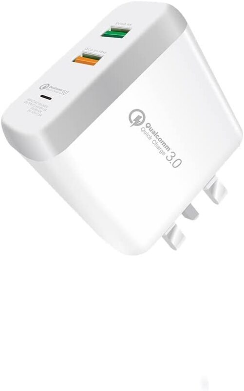 Jbq 2 Port Travel Charger, USB 3.0 to Type-C USB Cable, White
