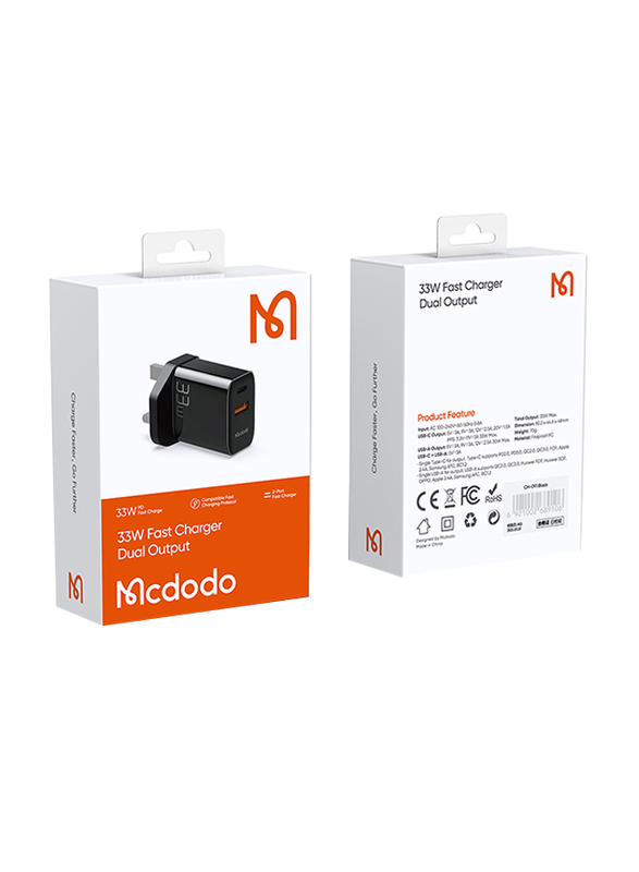 

Mcdodo 33W PD + QC Full Compatible EU/UK Plug Fast Charger, CH-0911, Black