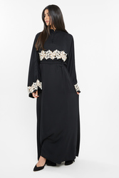 Nukhbaa Floral Crochet Lace Abaya with Hijab, Black, XXS