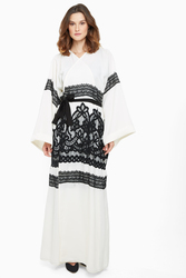Nukhbaa Cross Knit Lace Abaya with Hijab, White, Large