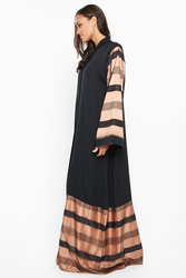 Nukhbaa Shimmering Net Striped Abaya with Hijab, Black, XXS