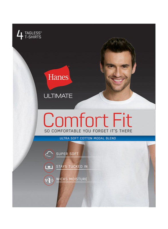 Hanes 4-Piece Ultimate ComfortFit Undershirt T-shirt Set for Men, UFT1W4, White, Large