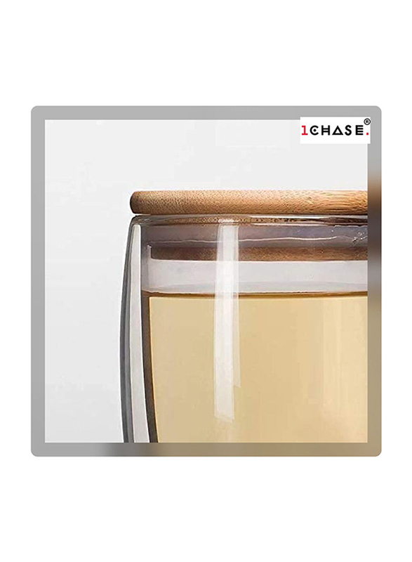 1Chase 450ml Double Walled Coffee Cups With Handle And Lid, Clear/Beige