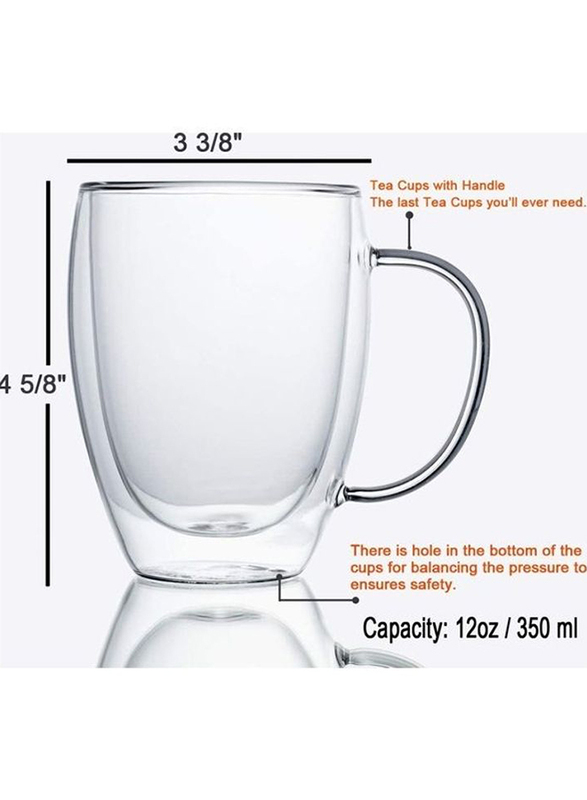 Lushh 2-Piece Double Walled Glass Coffee Tea Cup Set with Handle, Clear