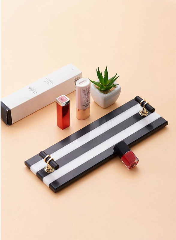 1Chase Stripe Natural Marble Tray, Black/White
