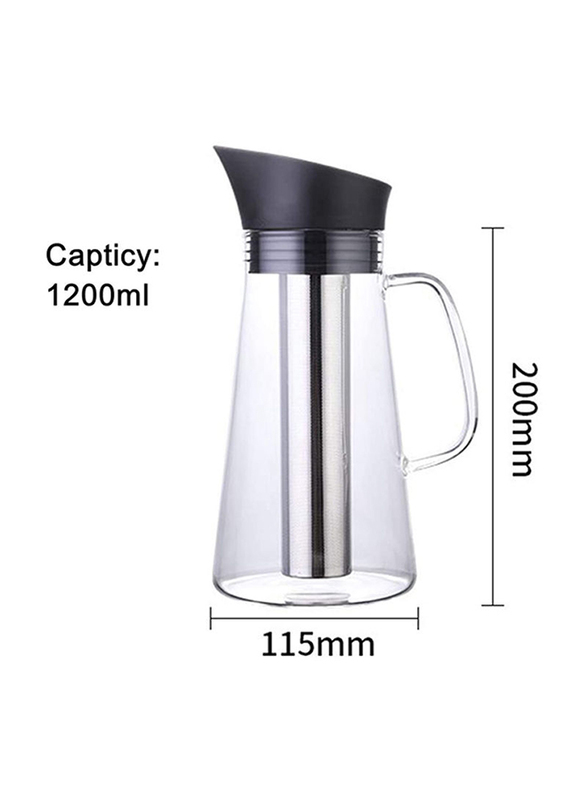 1Chase 1200ml Drip-free Carafe With Handle And Stainless Steel Flip-Top Lid Built In Infuser, Clear/Black