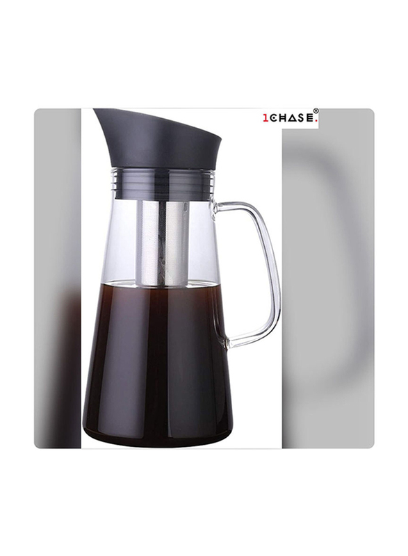 1Chase 1200ml Drip-free Carafe With Handle And Stainless Steel Flip-Top Lid Built In Infuser, Clear/Black