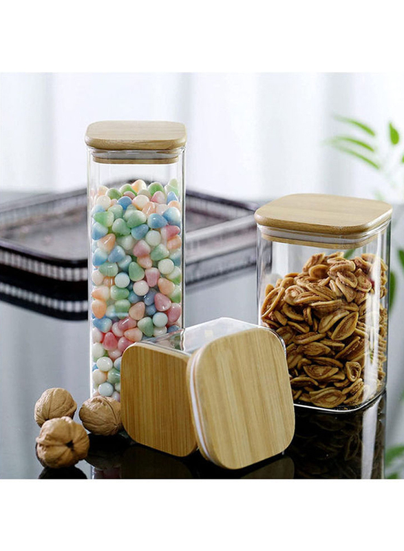 1Chase 3-Piece Square Glass Food Storage Jar With Air Tight Bamboo Lid, Clear/Brown