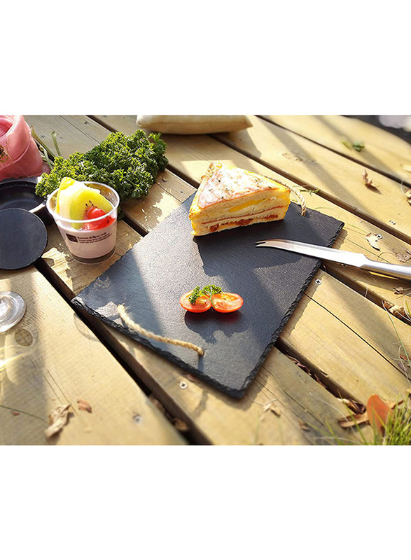 Lushh Natural Edge Rectangular Slate Tray With Jute Rope Handle, Black