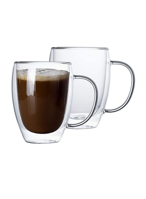 Lushh 2-Piece Double Walled Glass Coffee Tea Cup Set with Handle, Clear