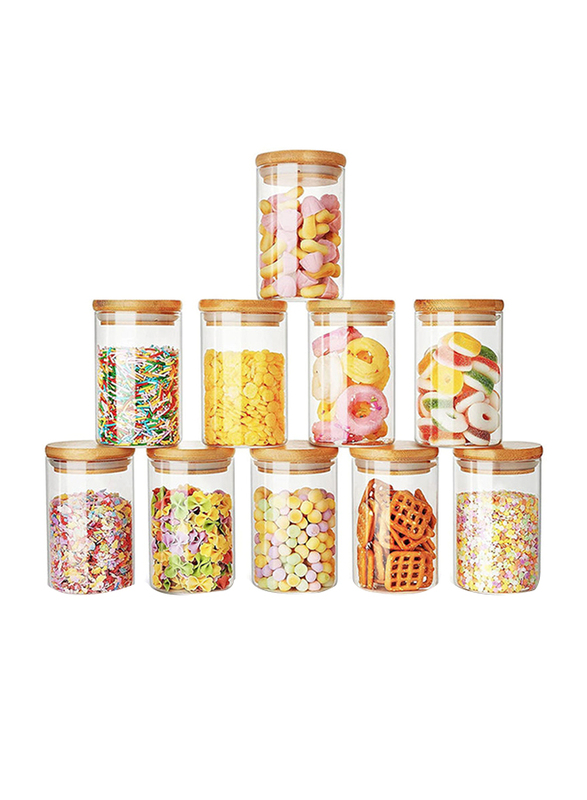 1Chase 10-Piece 290ml Borosilicate Glass Storage Jars With Bamboo Lids, Clear