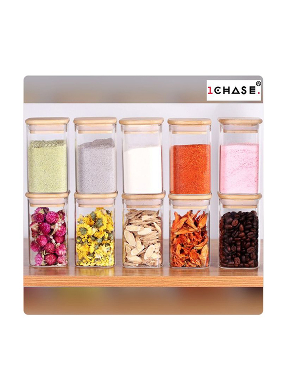 1Chase 10-Piece Borosilicate Mini Square Glass Storage Jars with Bamboo Lid, Clear