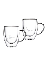 1Chase 2-Piece Double Wall Love Printed Glass Mug Set With Handle, Clear