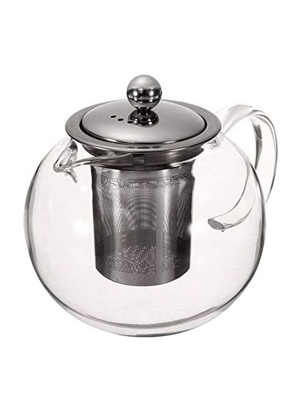 Lushh 800ml Heat Resistant Borosilicate Round Glass Teapot Cup With Infuser And Lid, Clear/Silver