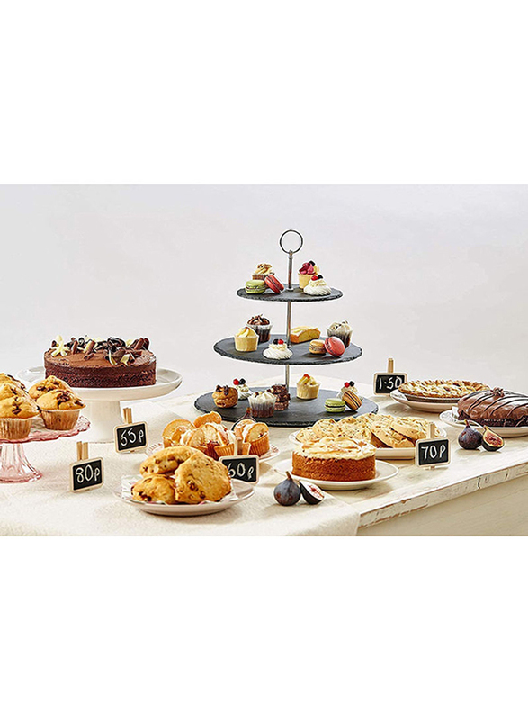 Lushh Natural Stone 3 Tier Round Slate Cake Stand With Chrome Carry Loop, Black