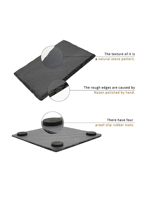 Lushh 6-Piece Natural Stone Square Slate Coaster With Rough Edge, Black