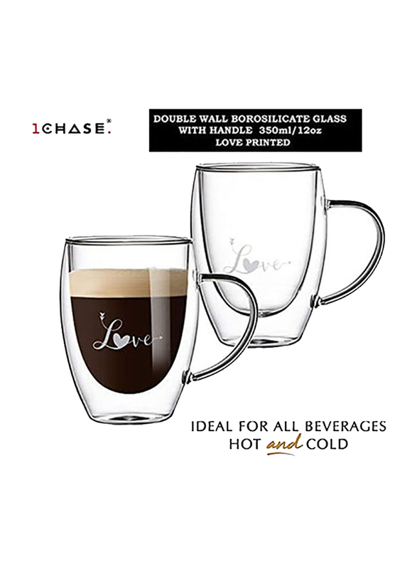 1Chase 2-Piece Double Wall Love Printed Glass Mug Set With Handle, Clear