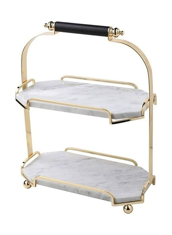 Lushh 2-Tier Decorative Marble Cake Serving Stand and Vanity Organizer, White, 30 x 15.2 x 37cm