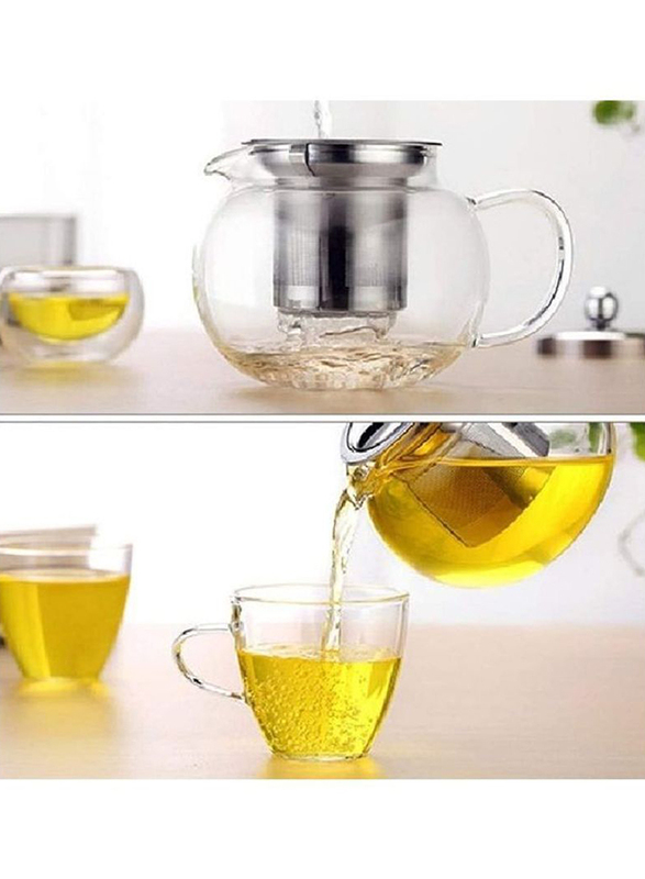 Lushh 800ml Heat Resistant Borosilicate Round Glass Teapot Cup With Infuser And Lid, Clear/Silver