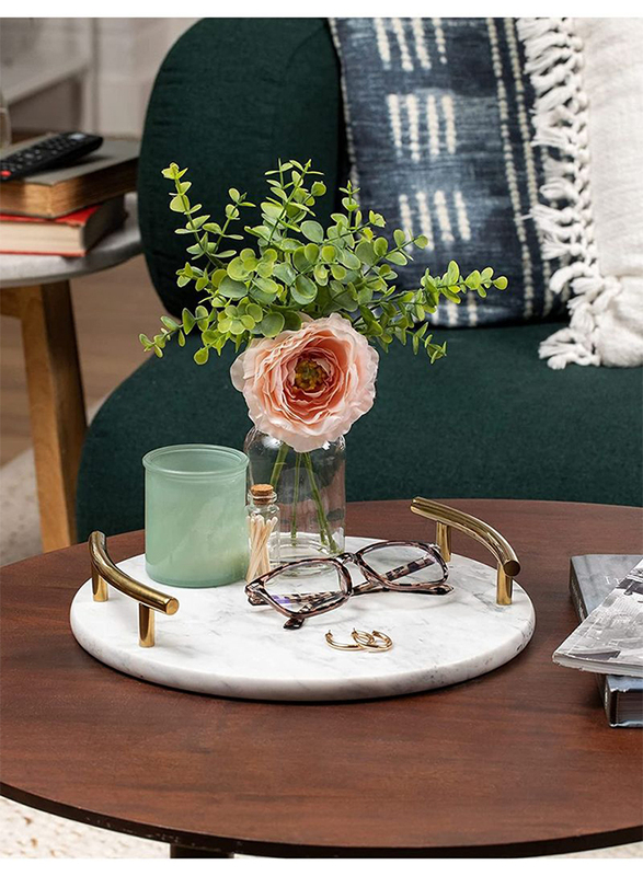 1Chase Round Marble Tray With Handle, White/Gold