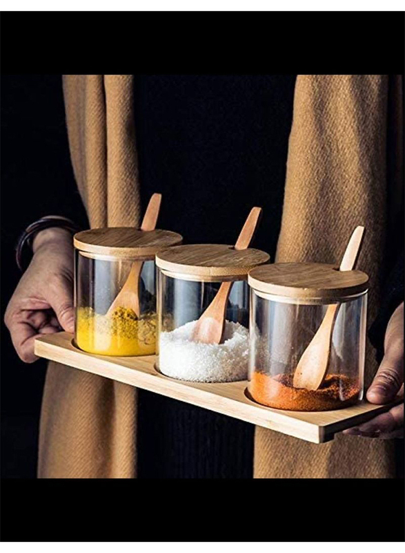 1Chase 3-Piece Spice Jar With Bamboo Lid Spoon and Bottom Base Set, White