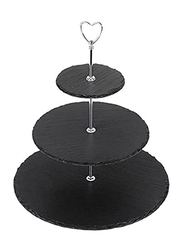 Lushh Natural Stone 3 Tier Round Slate Cake Stand With Chrome Carry Loop, Black