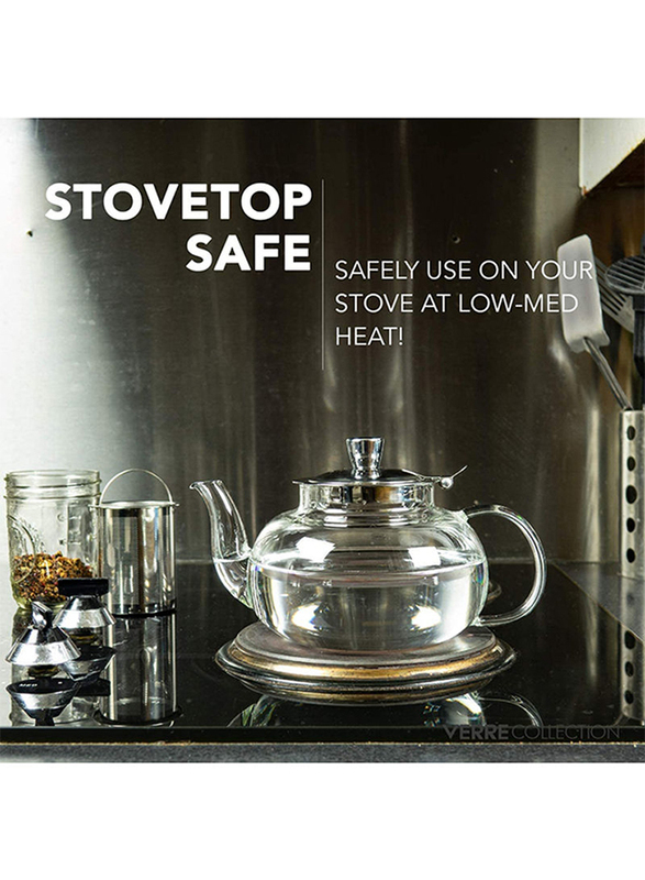 1Chase 1500ml Borosilicate Round Teapot With Heat Resistant Stainless Steel Infuser Tea Pot, Clear/Silver