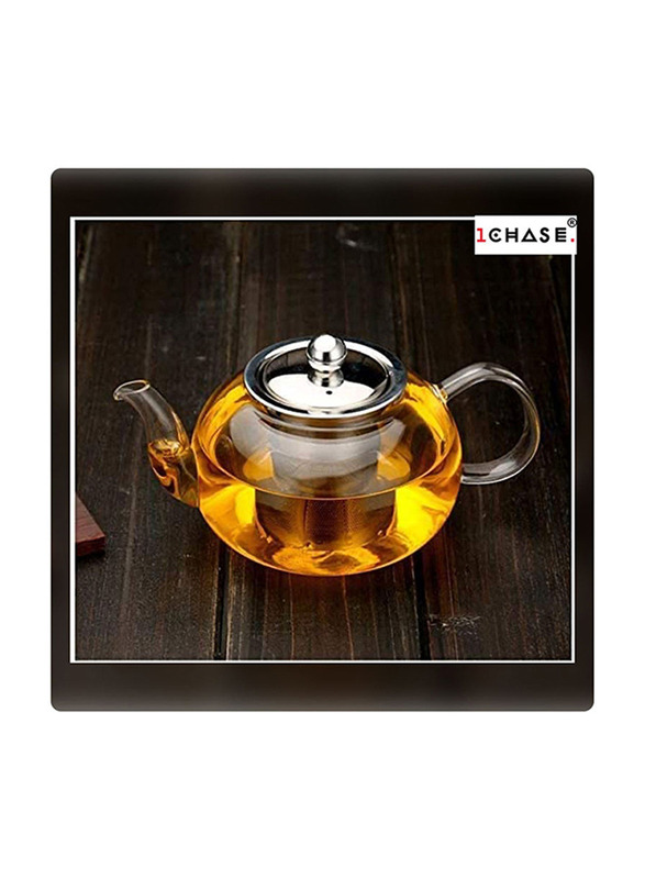 1Chase 1500ml Borosilicate Round Teapot With Heat Resistant Stainless Steel Infuser Tea Pot, Clear/Silver
