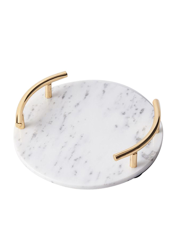 1Chase Round Marble Tray With Handle, White/Gold