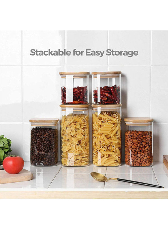 1Chase 6-Piece Square Glass Food Storage Jar With Airtight Bamboo Lid, Clear/Brown