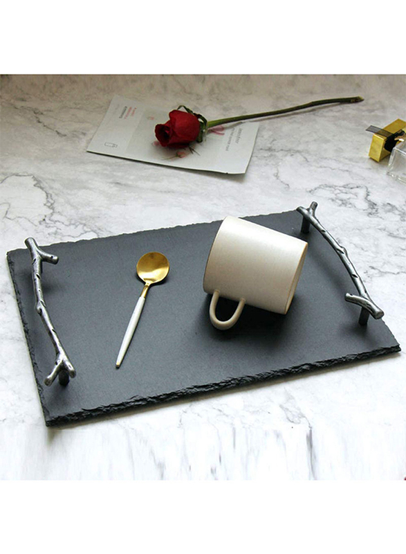1Chase Natural Stone Slate Serving Tray With Arborization Handle, Black