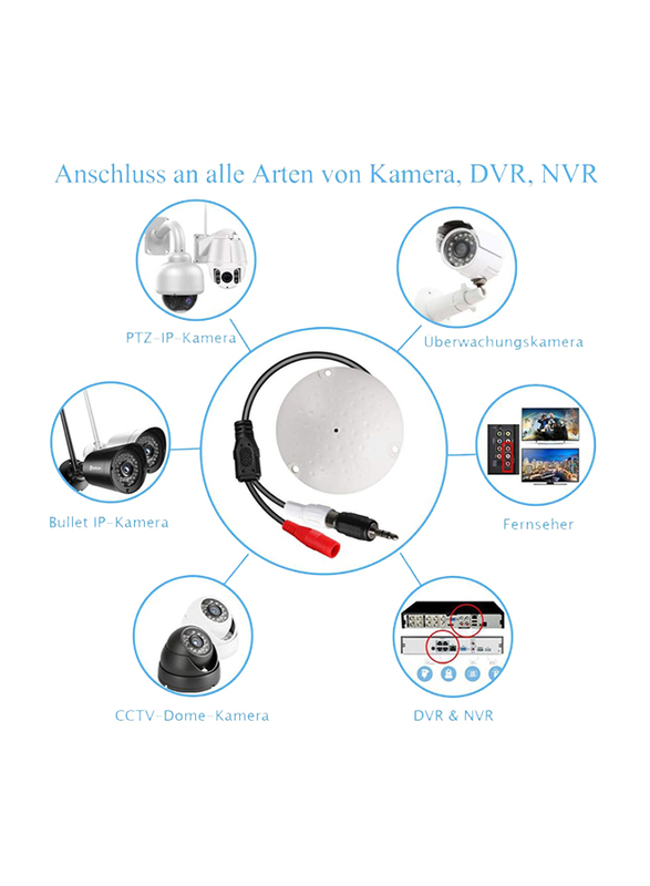 UK Plus A1 Microphone for CCTV Camera with 1 to 2 Power Splitter Cable for IP Camera, DVR, NVR, Camera Audio Pickup Device, White
