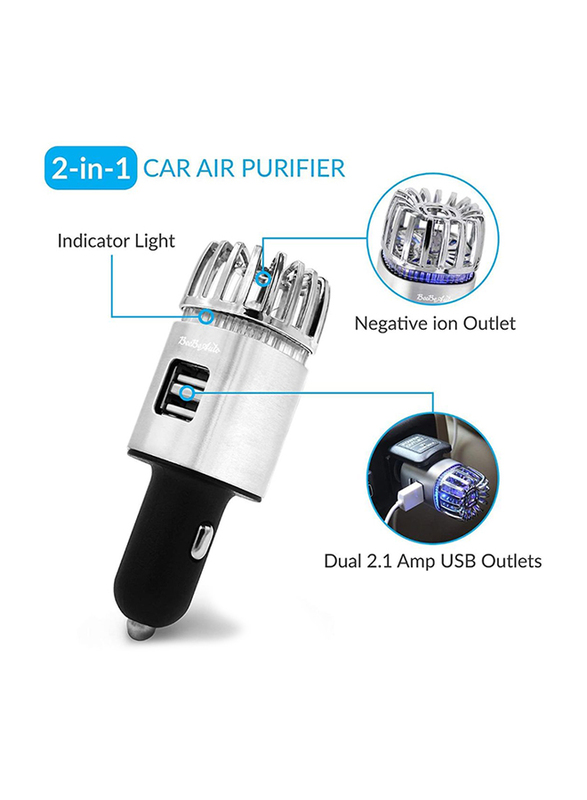 UK Plus Car Air Purifier, Ionizer Deodorizer and Ionic Air Freshener with Dual USB Charger Portable Travel Charger for Automobile, Silver/Black