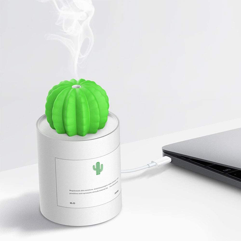 UK Plus USB Aroma Mini Size Cactus Humidifier, 280ml, with Night Light, Grey/Green