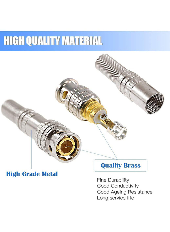 UK Plus BNC Male Coaxial Connectors, RG59 RG6 Coaxial Terminal Gold-Plated Screw on Brass Adapter, 15 Pieces, Silver