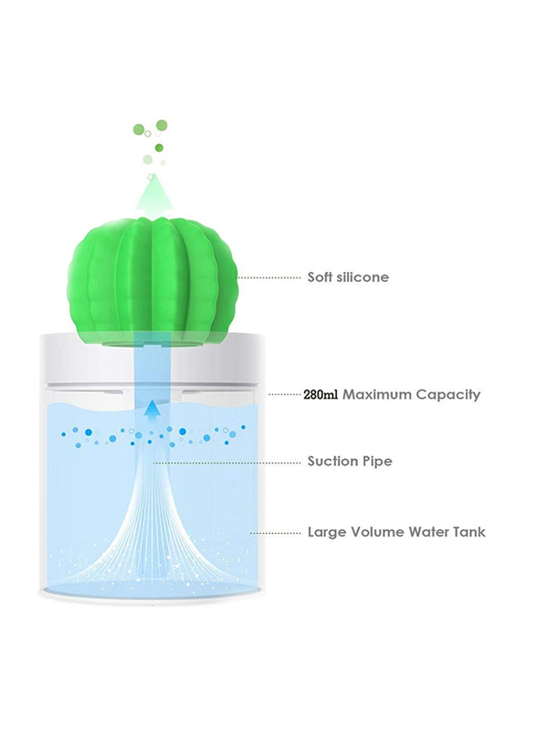 UK Plus USB Aroma Mini Size Cactus Humidifier, 280ml, with Night Light, Grey/Green