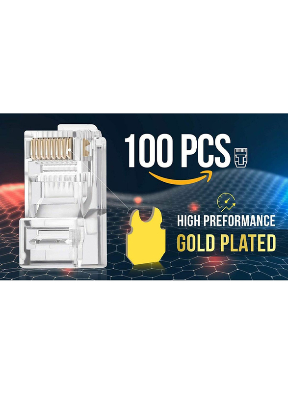 UK Plus RJ45 Cat-6 Pass Through Connectors EZ Crimp Connector UTP Network Plug for Unshielded Twisted Pair Solid Wire & Standard Cables Transparent Passthrough Ethernet Insert, 100 Pieces, Clear