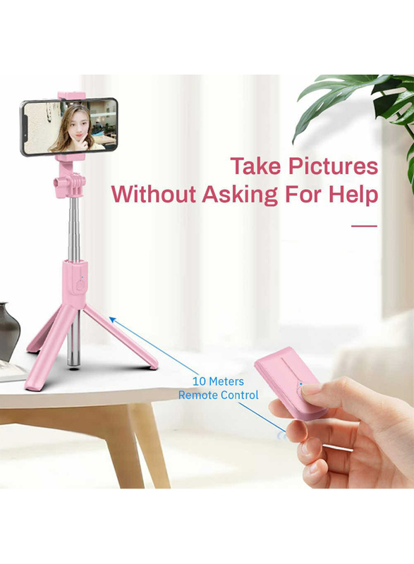 UK Plus Wireless Selfie Stick Tripod with Remote for Smartphones, Pink