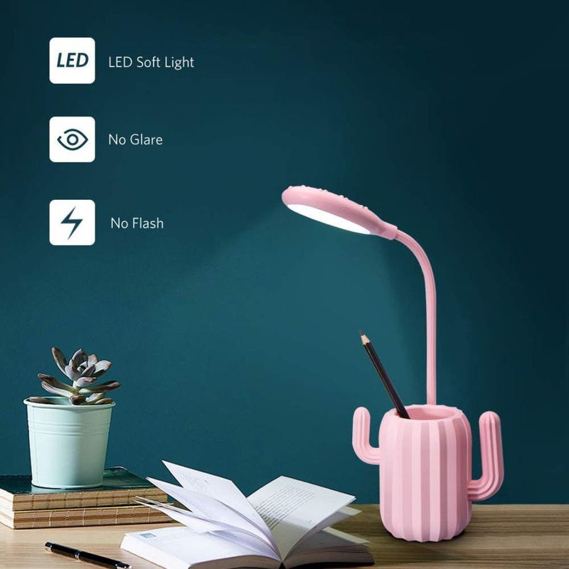 UK Plus Cactus USB Rechargeable LED Reading Light with Stationery Holder, Pink