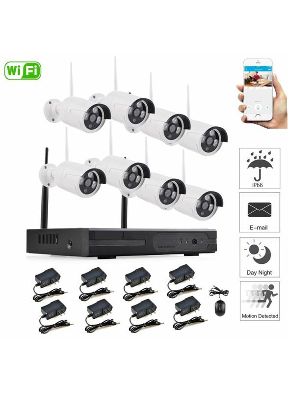 UK Plus DIY 1080P 8CH Wireless Home & Office Security Surveillance Camera Set, with NVR Full HD 8 Bullet Camera, White