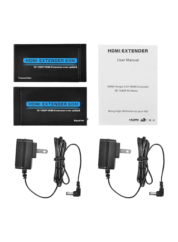 UK Plus HDMI Extender Over Single Cat 5E/6/6a 60M Support Full HD 1080P 3D HDCP EDID Ethernet LAN Cable Switch Network RJ45 to HDMI Extension Adapter Transmitter Receiver, US Plug, Black
