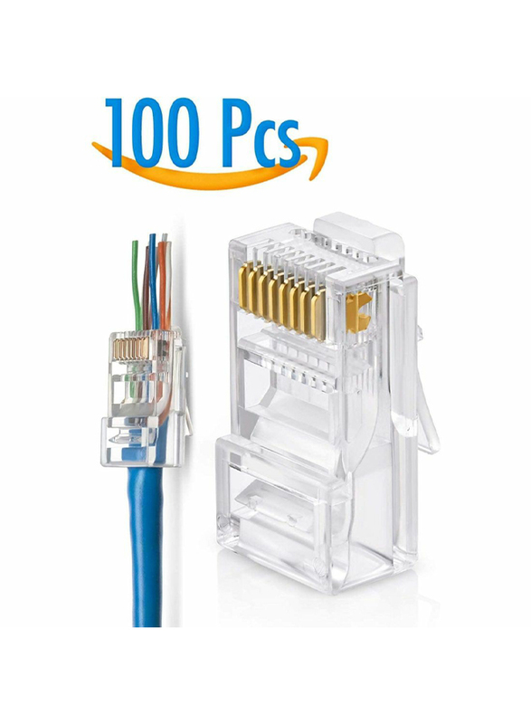 

UK Plus RJ45 Cat-6 Pass Through Connectors EZ Crimp Connector UTP Network Plug for Unshielded Twisted Pair Solid Wire & Standard Cables Transparent Pa