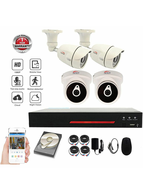 

UK Plus DIY 1080p Full HD 4CH Home & Office Security Surveillance CCTV AHD Kit, with 1TB HDD, 2 MP, White