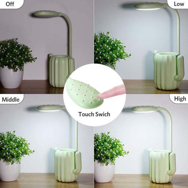 UK Plus Cactus USB Rechargeable LED Reading Light with Stationery Holder, Green